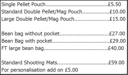 Custom Sporting Mats and HIdes 27th December Price List